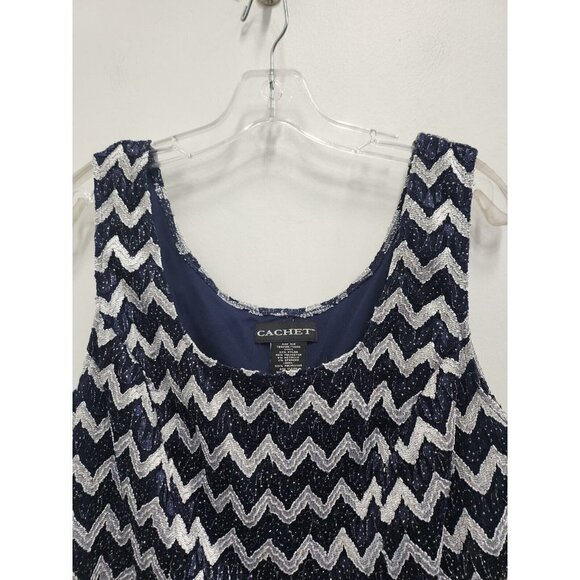 Cachet Womens Navy Silver Chevron Tank Top Size 16W Metallic Stretch Evening - Picture 5 of 8